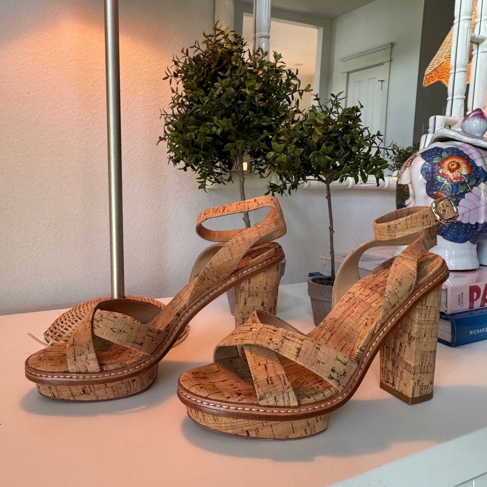 Elaine Turner Tan Cork Platform Heels